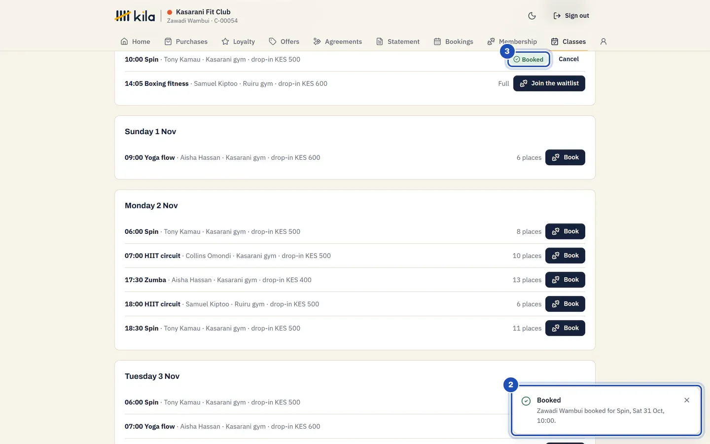 The class booked: Kila says Booked with the class and time (2), and the class now says Booked (3), with Cancel.