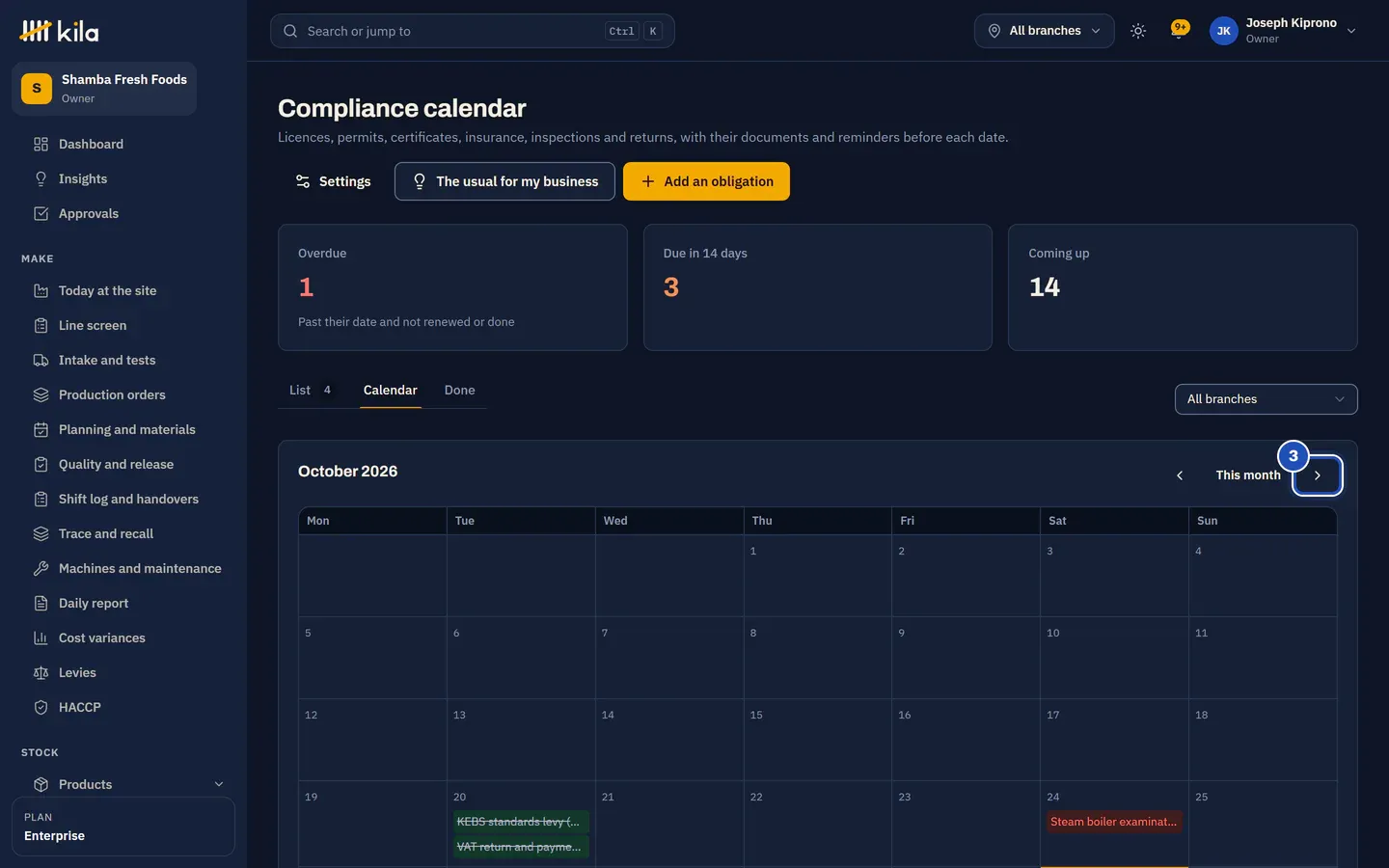 The Calendar tab: October 2026 with each obligation on its day, and the button to the next month marked 3.