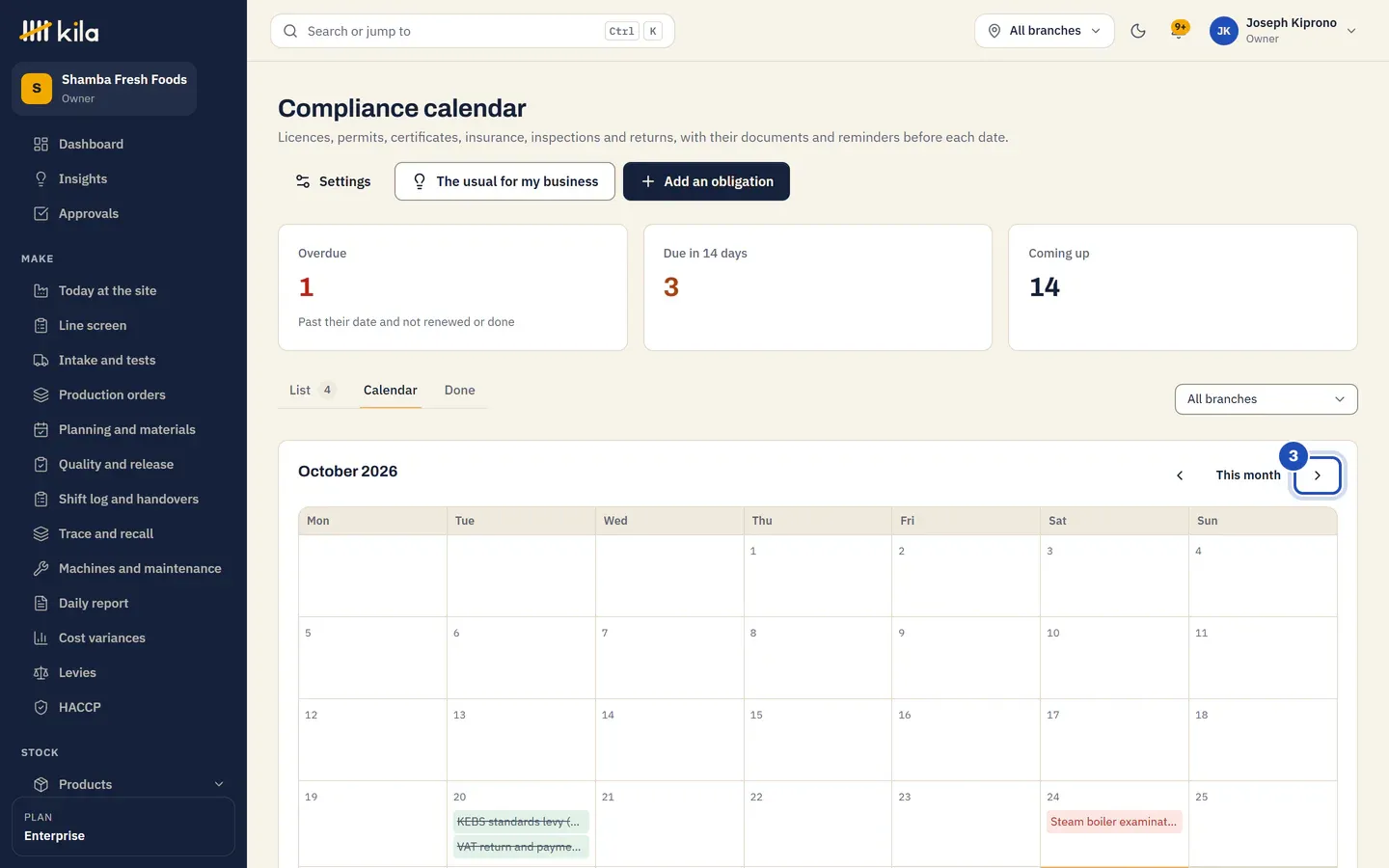 The Calendar tab: October 2026 with each obligation on its day, and the button to the next month marked 3.