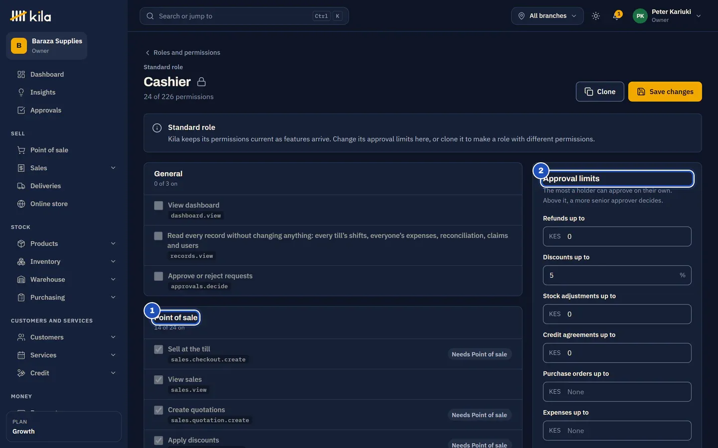 The Cashier role: a standard role whose permissions Kila keeps current, the Point of sale group with Sell at the till ticked (1), and the Approval limits card with discounts up to 5% (2).