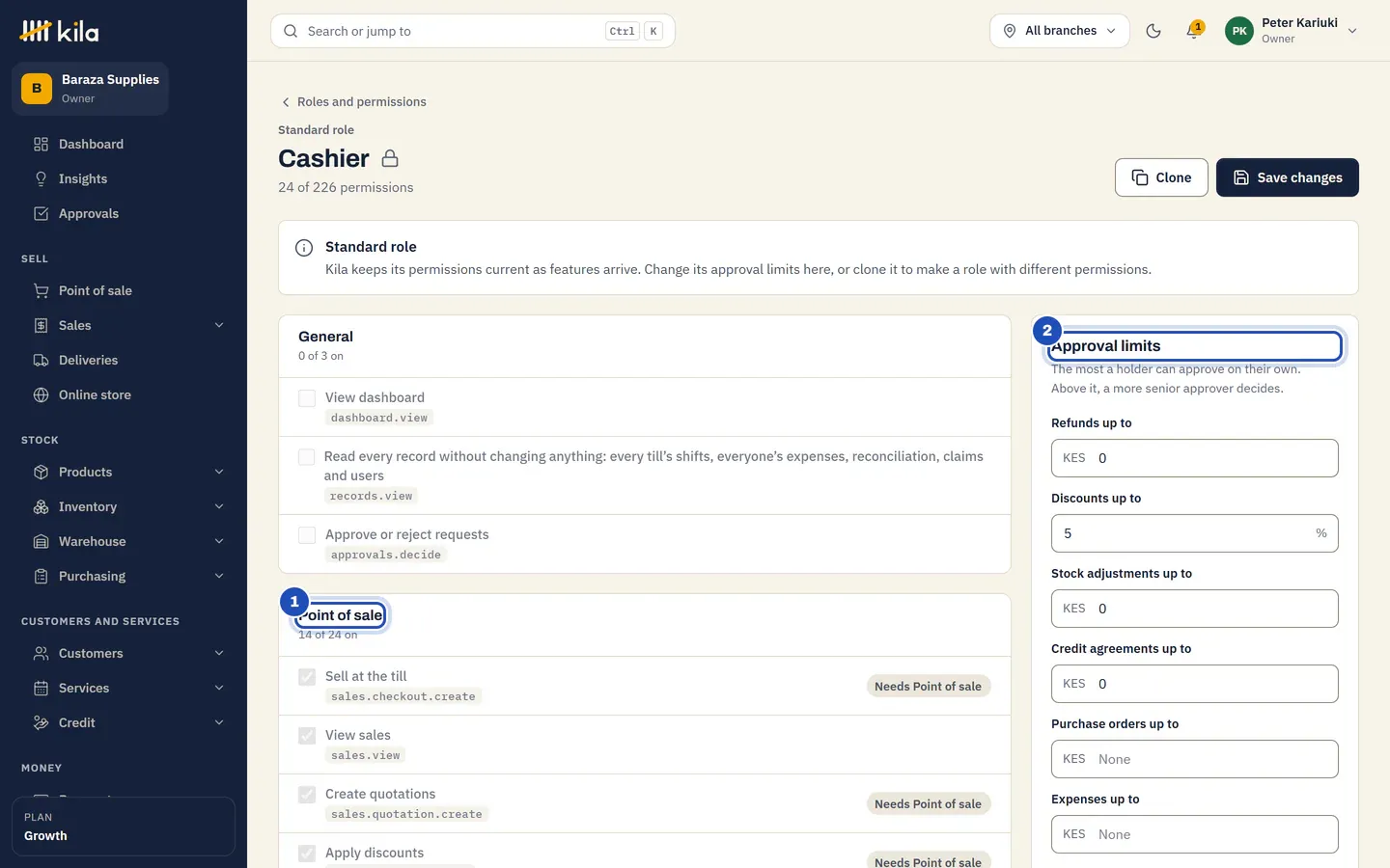The Cashier role: a standard role whose permissions Kila keeps current, the Point of sale group with Sell at the till ticked (1), and the Approval limits card with discounts up to 5% (2).