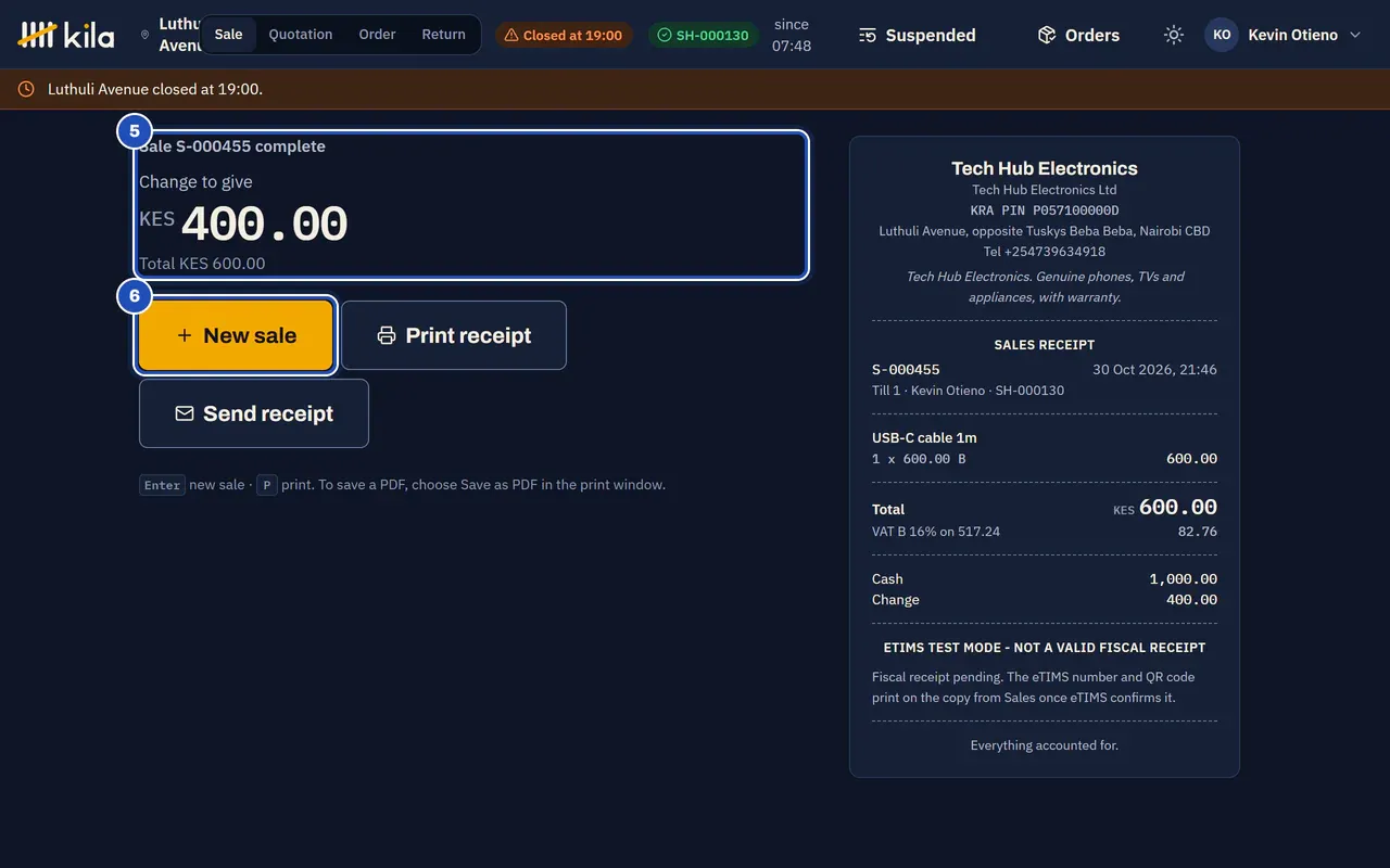 Sale complete: Change to give KES 400.00 on a total of KES 600.00 (5), with the receipt showing Cash 1,000.00 and Change 400.00. New sale is marked 6.