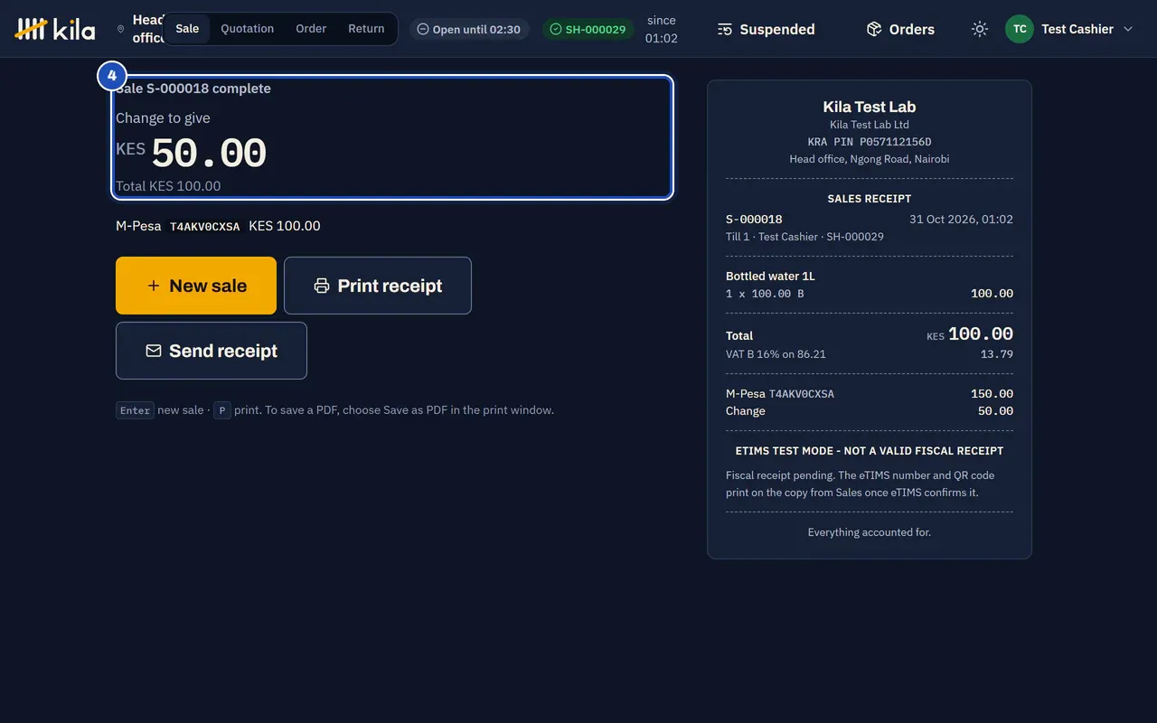 Sale complete: Change to give KES 50.00, total KES 100.00 (4).