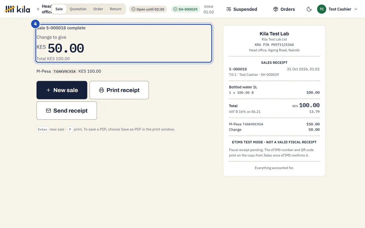 Sale complete: Change to give KES 50.00, total KES 100.00 (4).
