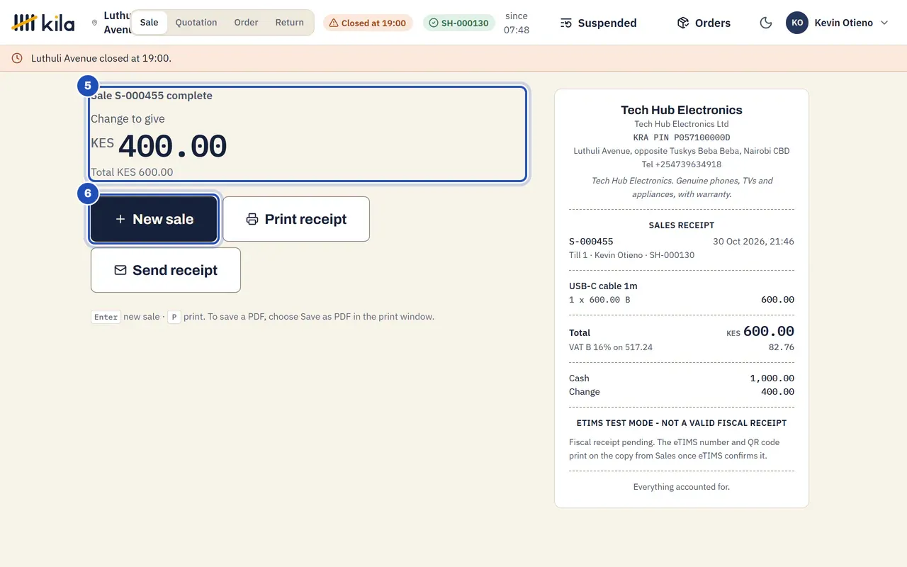 Sale complete: Change to give KES 400.00 on a total of KES 600.00 (5), with the receipt showing Cash 1,000.00 and Change 400.00. New sale is marked 6.