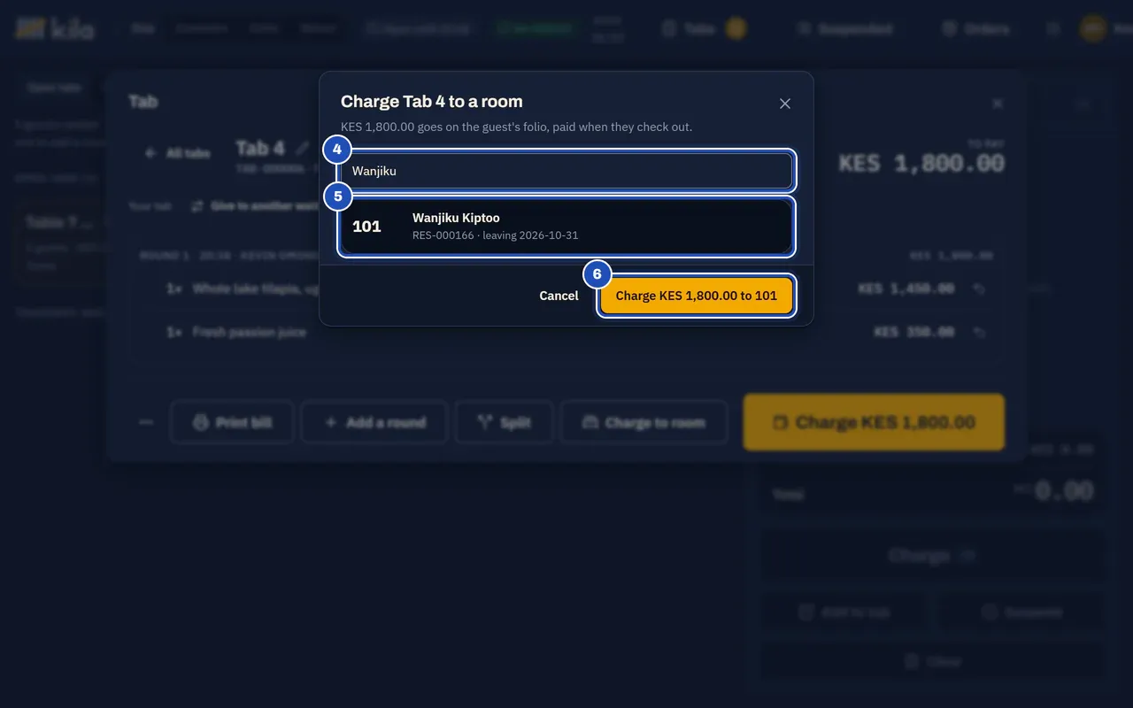 Charge Tab 3 to a room: KES 1,800.00 goes on the guest's folio, paid when they check out. The search (4), the guest Wanjiku Kiptoo in her room with her reservation (5), and Charge KES 1,800.00 to her room (6).