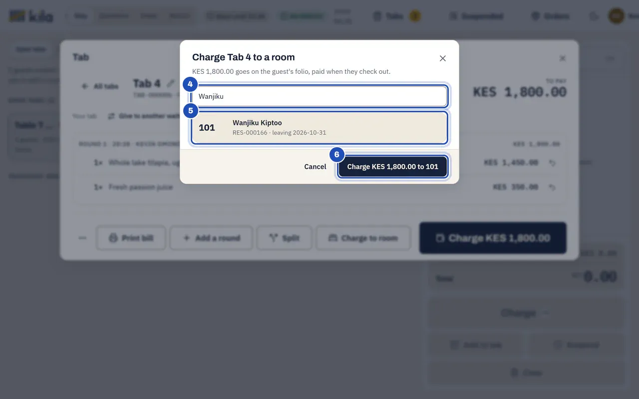 Charge Tab 3 to a room: KES 1,800.00 goes on the guest's folio, paid when they check out. The search (4), the guest Wanjiku Kiptoo in her room with her reservation (5), and Charge KES 1,800.00 to her room (6).