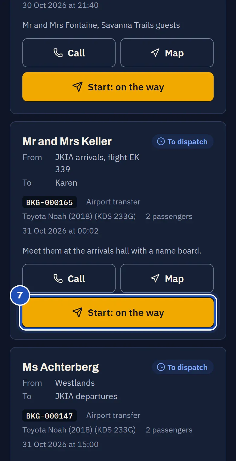 Juma Hamisi's phone: the transfer for Mr and Mrs Keller from JKIA arrivals, flight EK 339 to Karen, 2 passengers, with the note for the driver. Start: on the way is marked 7.