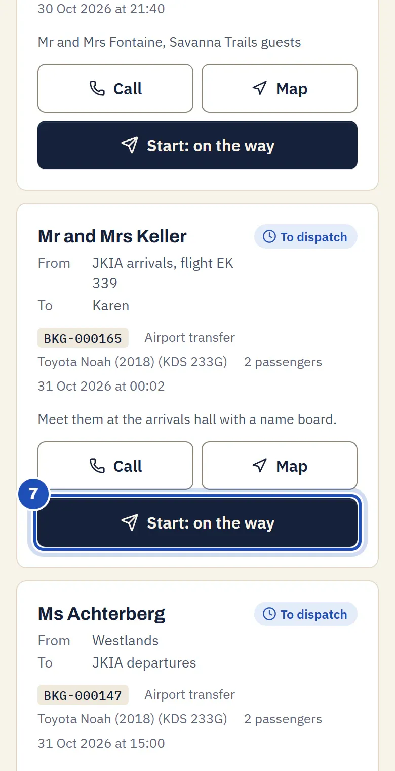 Juma Hamisi's phone: the transfer for Mr and Mrs Keller from JKIA arrivals, flight EK 339 to Karen, 2 passengers, with the note for the driver. Start: on the way is marked 7.
