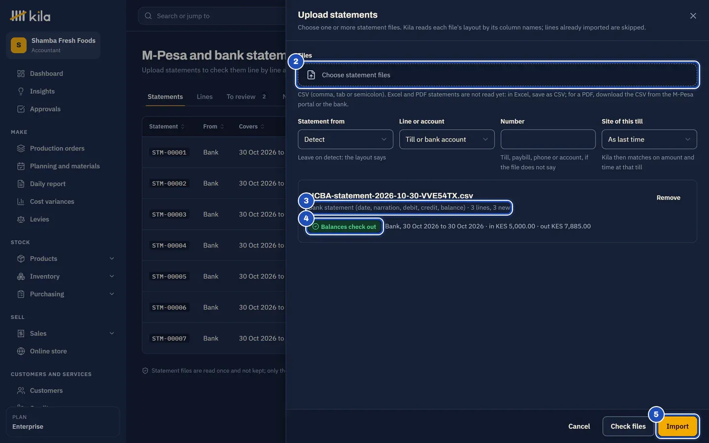 Upload statements: the file chosen (2), read as a bank statement with 3 lines, 3 new (3), Balances check out (4), and Import (5).