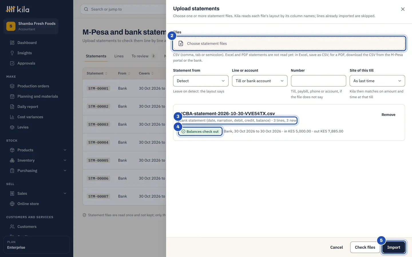 Upload statements: the file chosen (2), read as a bank statement with 3 lines, 3 new (3), Balances check out (4), and Import (5).