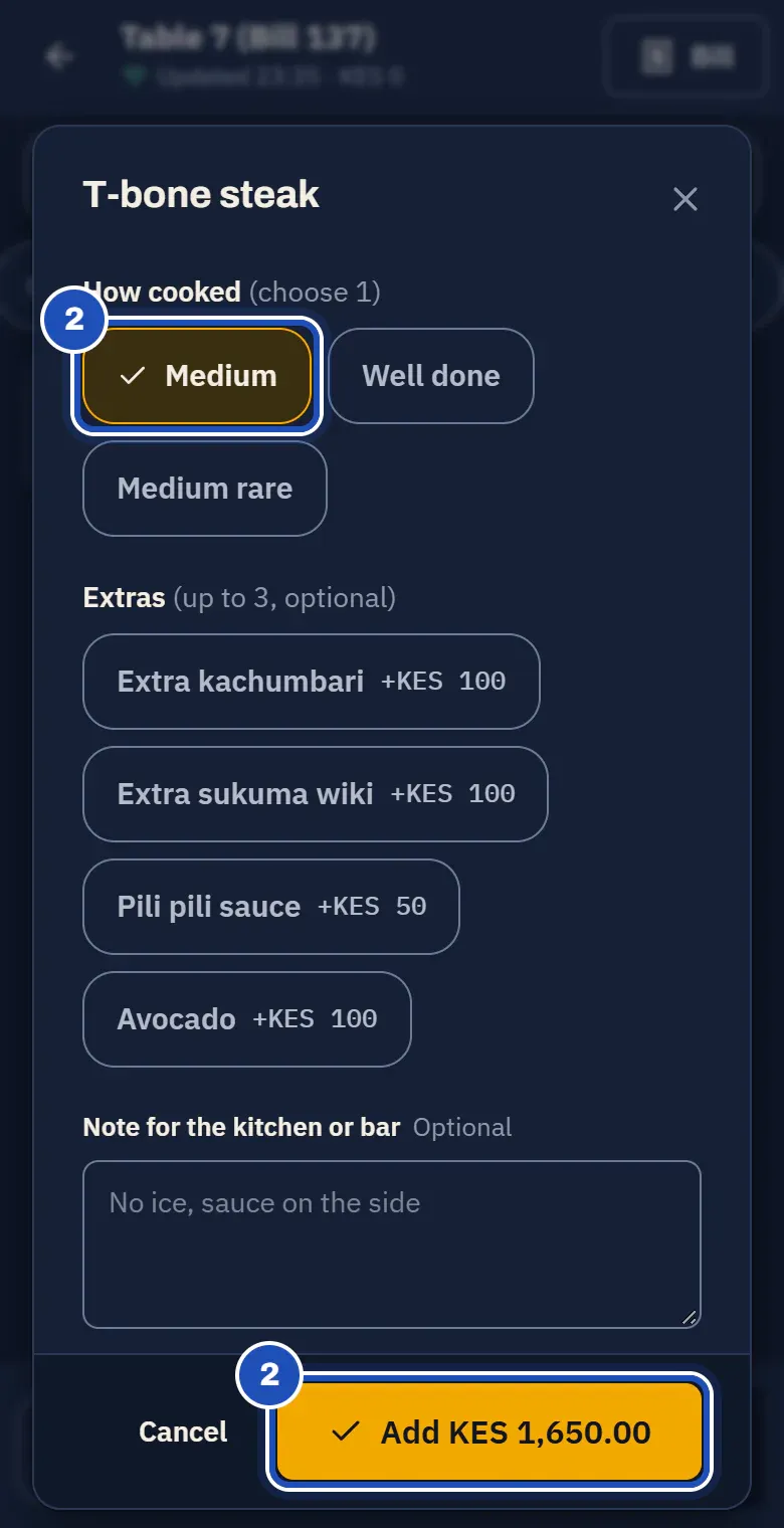 T-bone steak: How cooked (choose 1) with Medium chosen, Extras (up to 3, optional), a note for the kitchen or bar, and Add KES 1,650.00. Medium and Add are marked 2.
