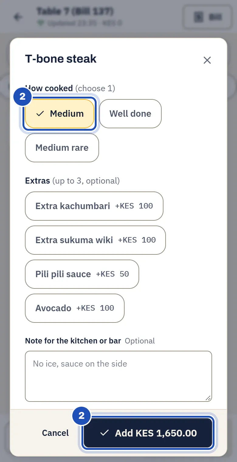T-bone steak: How cooked (choose 1) with Medium chosen, Extras (up to 3, optional), a note for the kitchen or bar, and Add KES 1,650.00. Medium and Add are marked 2.