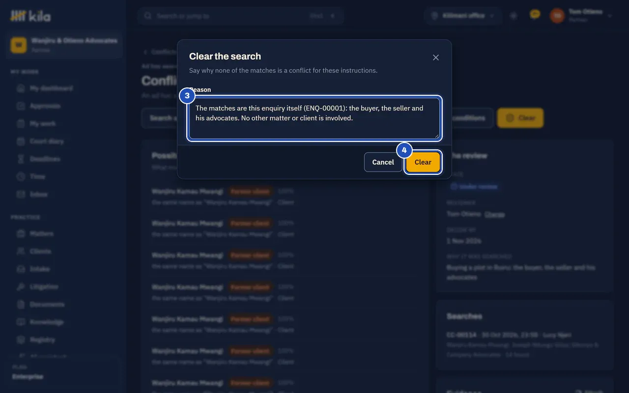 Clear the search: the reason that the matches are this enquiry itself (3), and the Clear button (4).