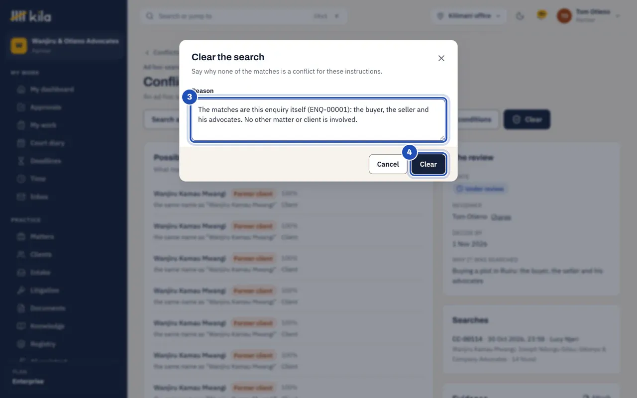 Clear the search: the reason that the matches are this enquiry itself (3), and the Clear button (4).