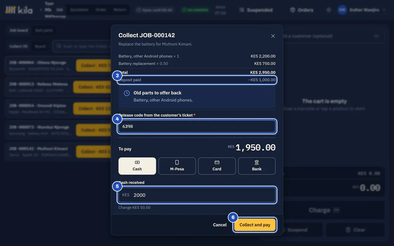 Collecting a battery job: the battery KES 2,200.00 and labour KES 750.00, total KES 2,950.00, Deposit paid −KES 1,000.00 (3), the old battery to offer back, the release code typed (4), KES 1,950.00 to pay, KES 2,000 cash received (5) with change KES 50.00, and Collect and pay (6).