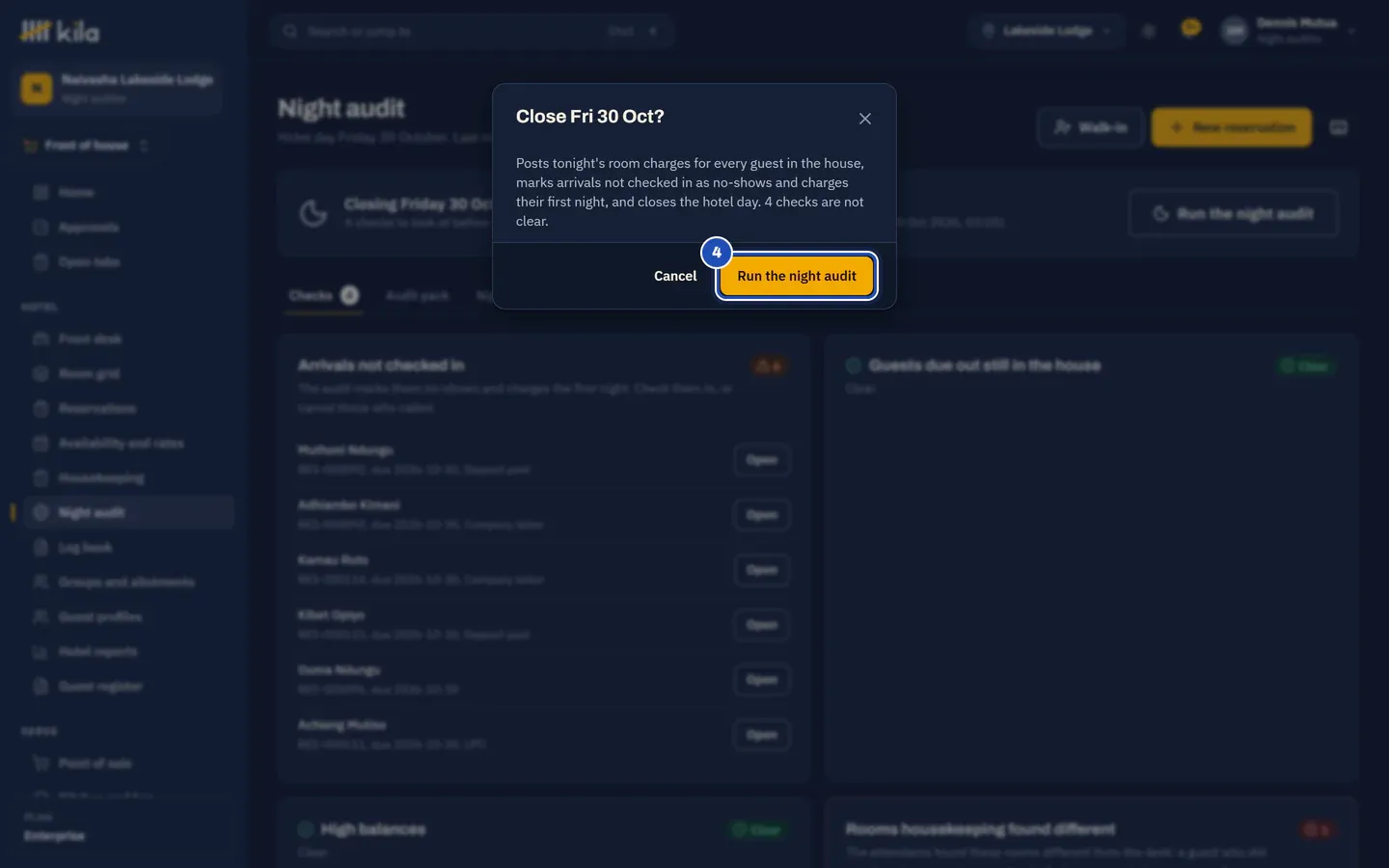 Close Fri 30 Oct? Kila explains that the audit posts tonight's room charges, marks arrivals not checked in as no-shows and charges their first night, and closes the hotel day, with 4 checks not clear. Run the night audit is marked 4.