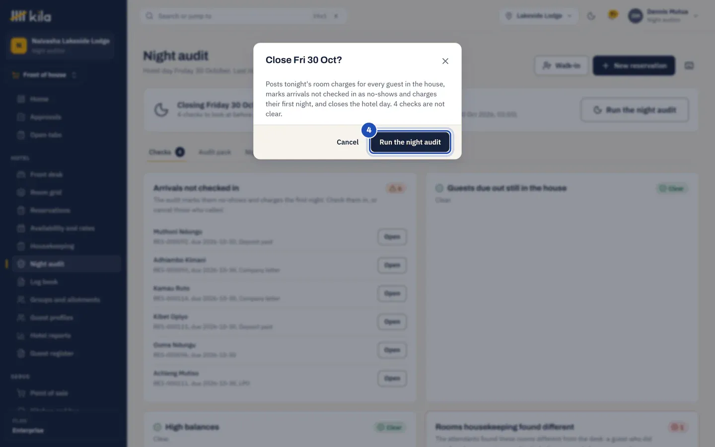 Close Fri 30 Oct? Kila explains that the audit posts tonight's room charges, marks arrivals not checked in as no-shows and charges their first night, and closes the hotel day, with 4 checks not clear. Run the night audit is marked 4.