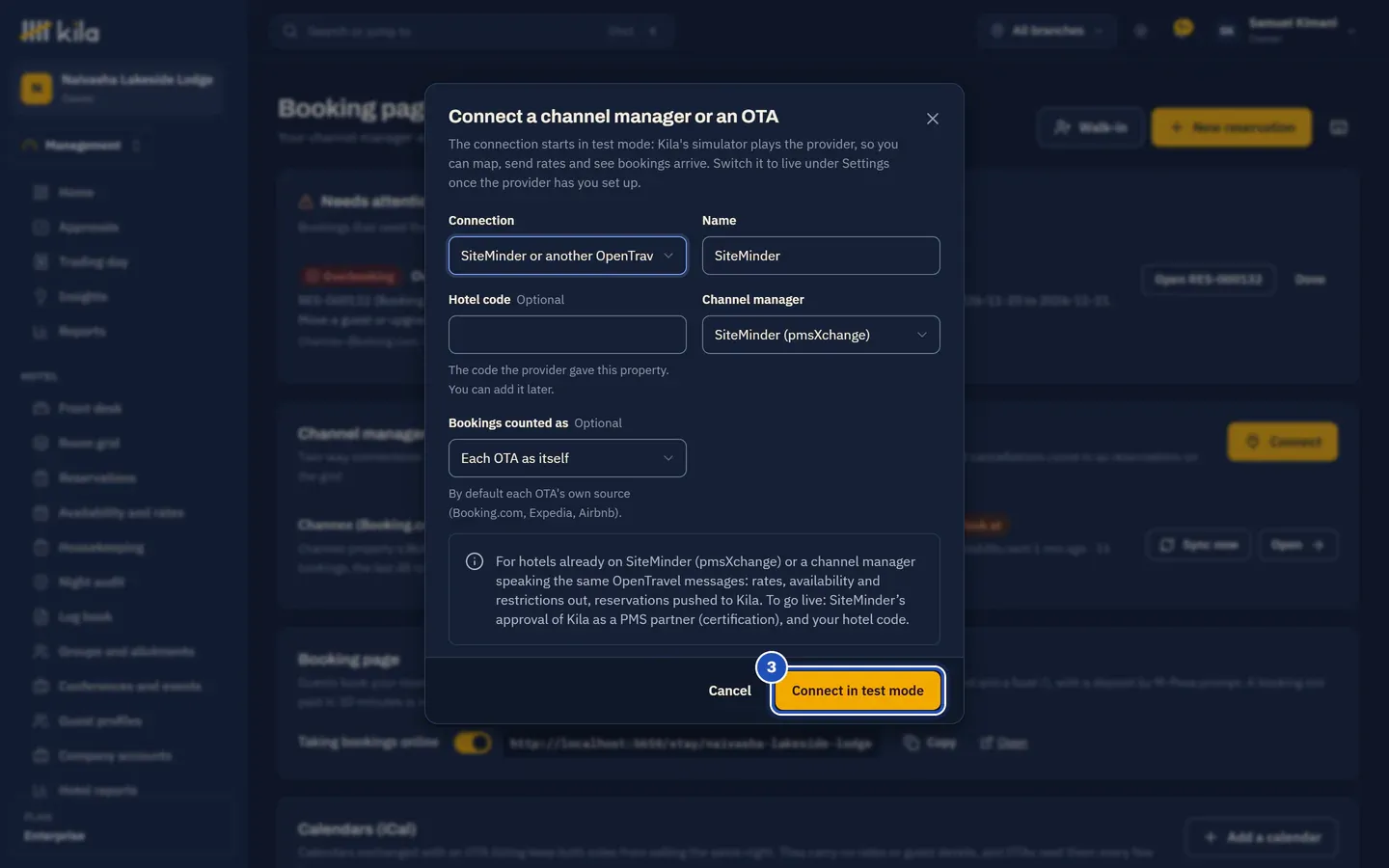 Connect a channel manager or an OTA: SiteMinder or another OpenTravel channel manager chosen, with its Name, Hotel code, Channel manager and Bookings counted as, what it needs to go live, and Connect in test mode (3).