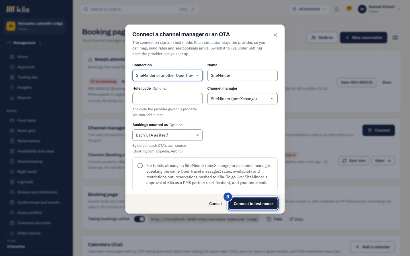 Connect a channel manager or an OTA: SiteMinder or another OpenTravel channel manager chosen, with its Name, Hotel code, Channel manager and Bookings counted as, what it needs to go live, and Connect in test mode (3).