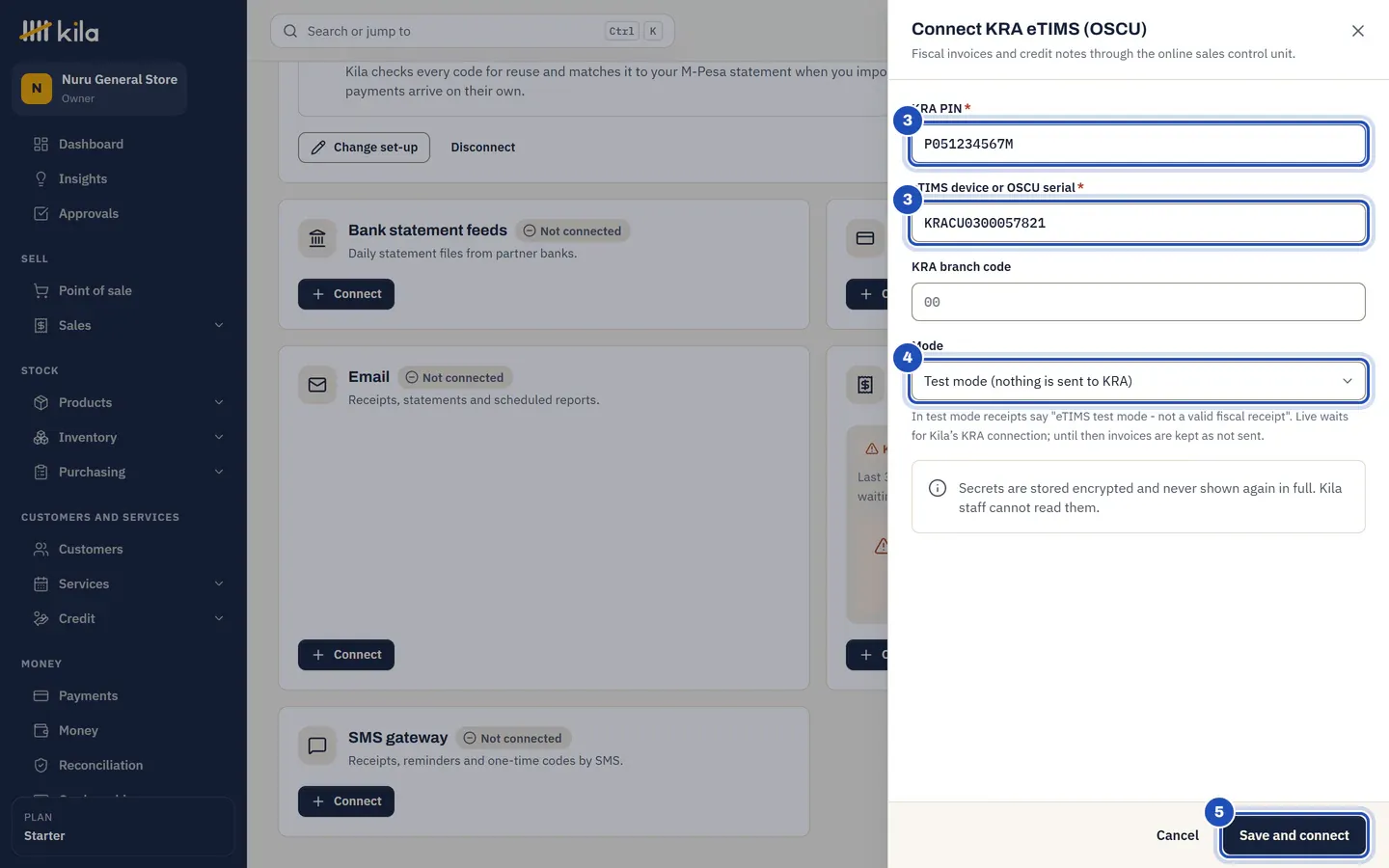 Connect KRA eTIMS (OSCU): KRA PIN P051234567M and the device serial KRACU0300057821 (3), Mode Test mode (nothing is sent to KRA) (4), and Save and connect (5).