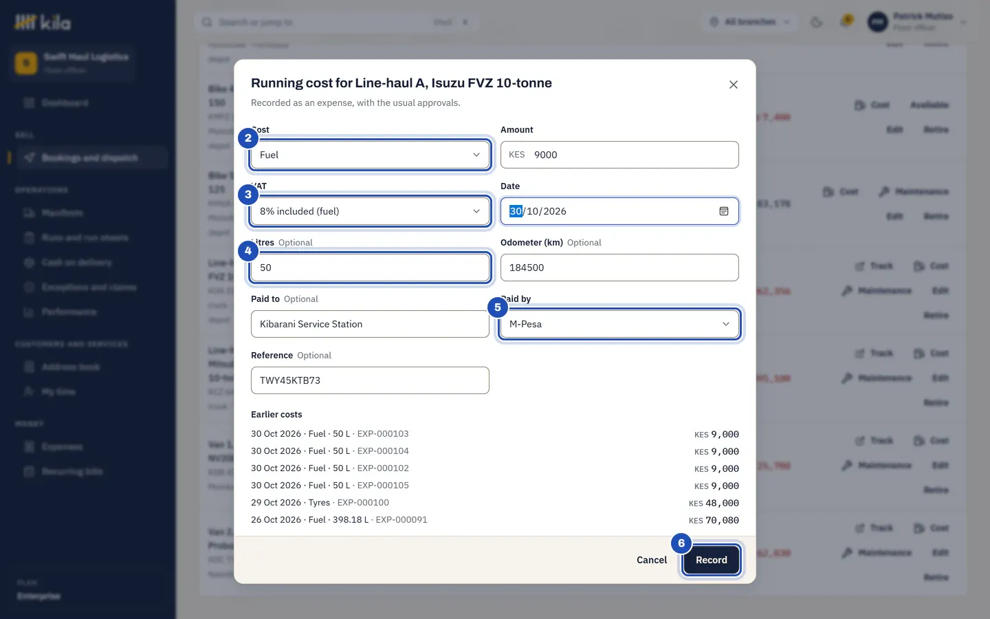 Running cost for Line-haul A: Fuel (2), KES 9,000 with 8% VAT included (3), 50 litres (4), paid by M-Pesa to Kibarani Service Station (5), and Record (6).