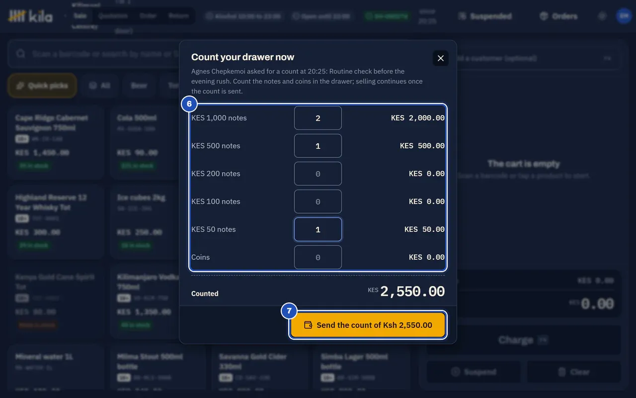 Count your drawer now on Eric Mutai's till: the notes counted come to KES 2,550.00 (6), and the button to send the count is marked 7. Nothing on the screen shows what Kila expects.