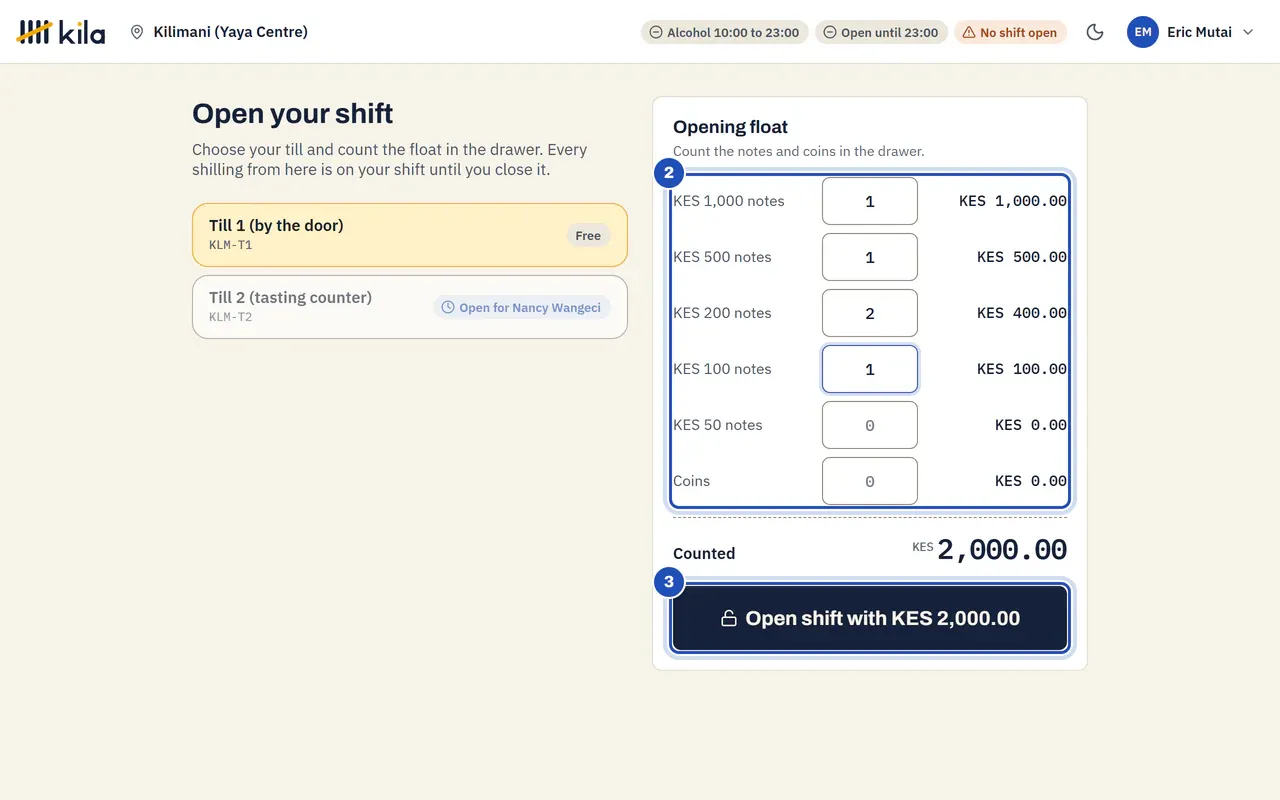 The float counted: one KES 1,000 note, one KES 500 note, two KES 200 notes and one KES 100 note make KES 2,000.00 (2). Open shift with KES 2,000.00 is marked 3.