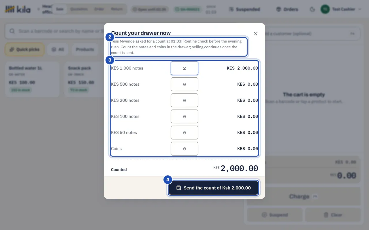 Count your drawer now: Tess Mwende asked for a count, with her note (2). Two KES 1,000 notes are counted (3), and the button that sends the count of KES 2,000.00 is marked 4.