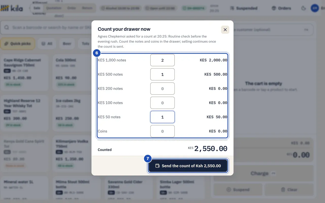 Count your drawer now on Eric Mutai's till: the notes counted come to KES 2,550.00 (6), and the button to send the count is marked 7. Nothing on the screen shows what Kila expects.