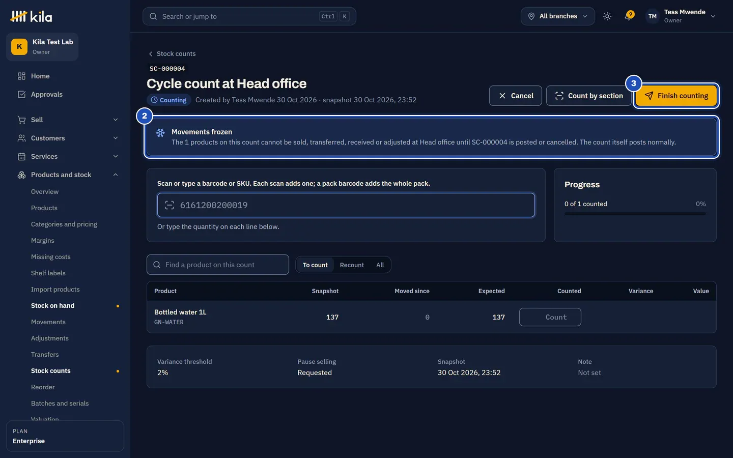 A cycle count at Head office: Movements frozen. The 1 products on this count cannot be sold, transferred, received or adjusted at Head office until the count is posted or cancelled (2). Finish counting (3).