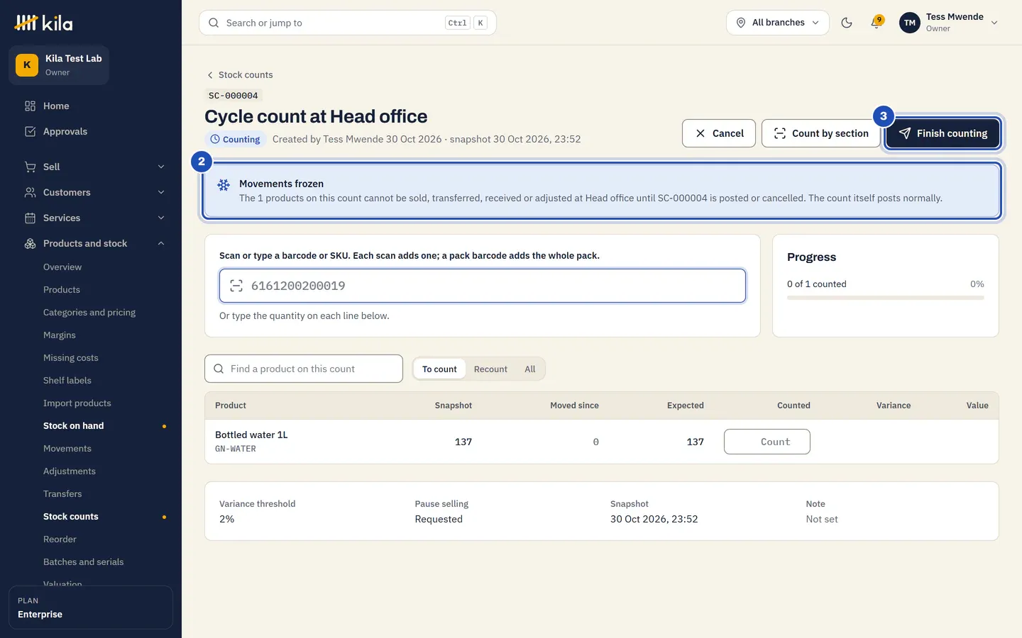A cycle count at Head office: Movements frozen. The 1 products on this count cannot be sold, transferred, received or adjusted at Head office until the count is posted or cancelled (2). Finish counting (3).