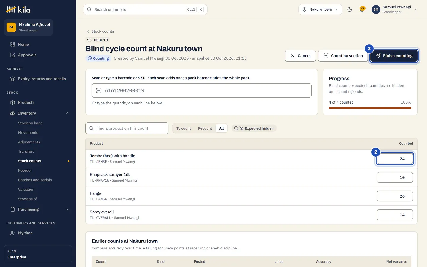 A blind cycle count at Nakuru town while counting: the scan box, Progress at 4 of 4 counted, Expected hidden, and the counts 24, 10, 26 and 14 typed on the lines. The first count box is marked 2 and Finish counting is marked 3.
