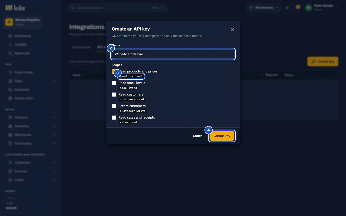 Create an API key: the name Website stock sync (2), the scopes with products:read ticked (3), and Create key (4).