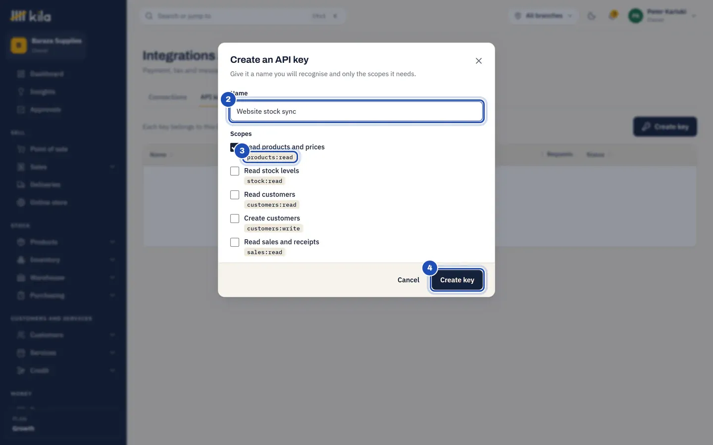 Create an API key: the name Website stock sync (2), the scopes with products:read ticked (3), and Create key (4).