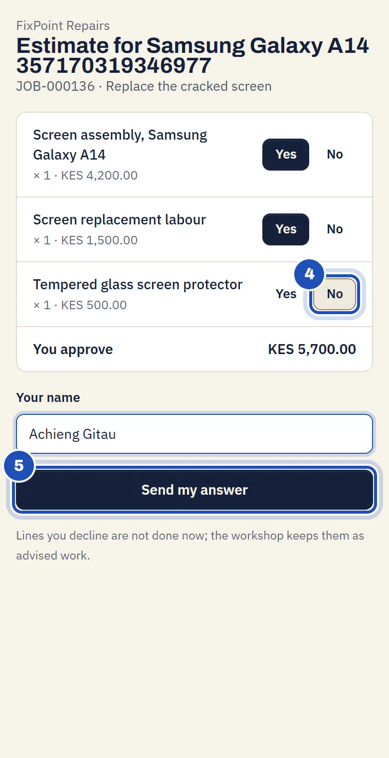 The estimate on the customer's phone: Yes for the screen and its fitting, No for the screen protector (4), You approve KES 5,700.00, her name, and Send my answer (5).
