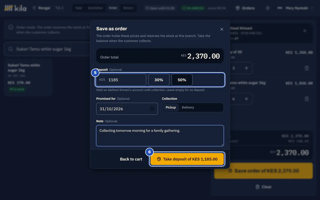 Save as order: order total KES 2,370.00, a deposit of KES 1,185 from the 50% button (5), promised for tomorrow, Pickup, a note, and Take deposit of KES 1,185.00 (6).
