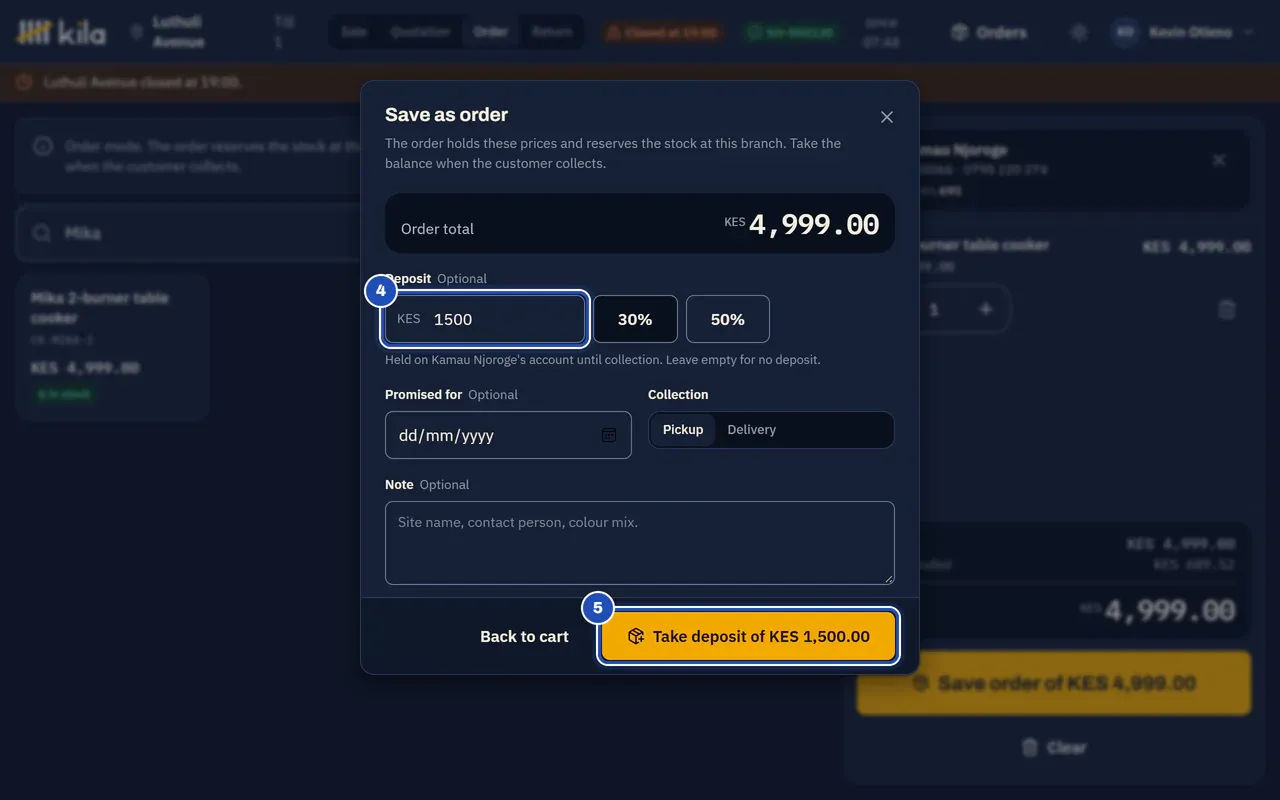 Save as order: order total KES 4,999.00, a deposit of 1500 after tapping 30% (4), and Take deposit of KES 1,500.00 (5).