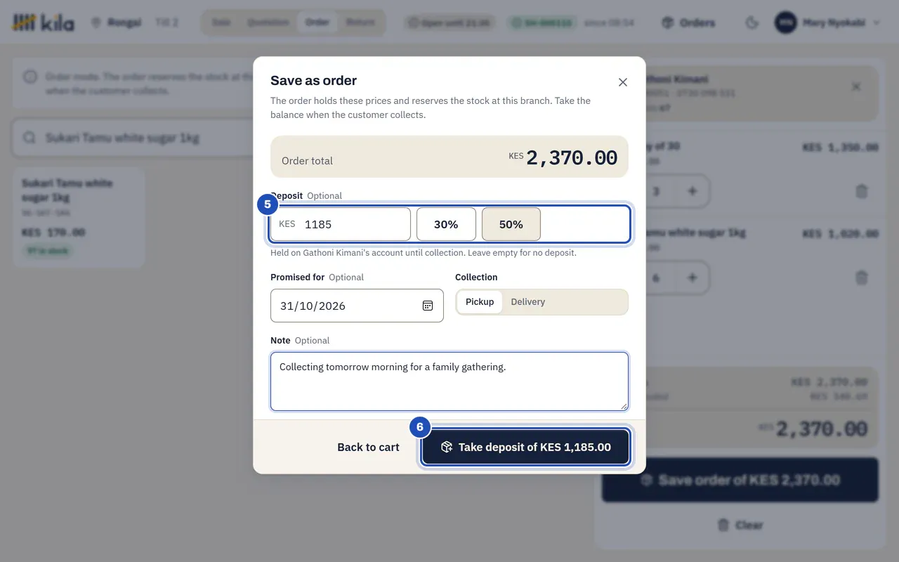 Save as order: order total KES 2,370.00, a deposit of KES 1,185 from the 50% button (5), promised for tomorrow, Pickup, a note, and Take deposit of KES 1,185.00 (6).