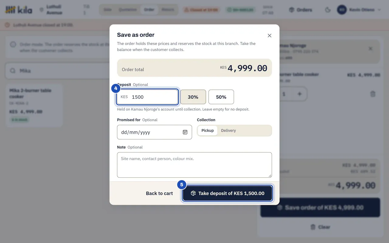 Save as order: order total KES 4,999.00, a deposit of 1500 after tapping 30% (4), and Take deposit of KES 1,500.00 (5).
