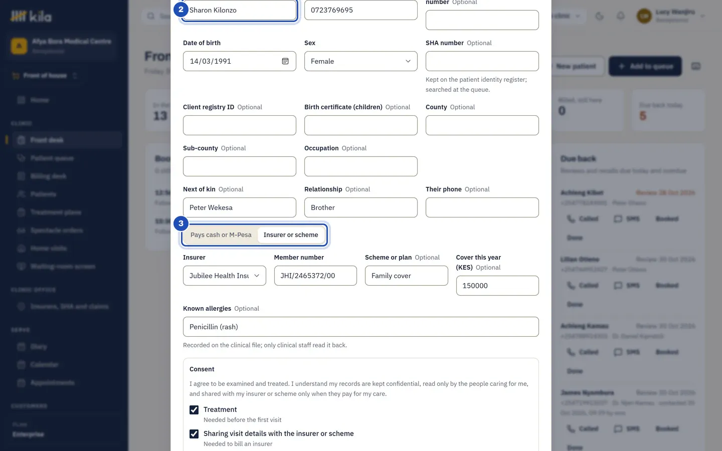 Register a patient: the new patient's full name (2), phone, date of birth, sex and next of kin, and Insurer or scheme chosen (3) with Jubilee Health Insurance, the member number, the scheme and the cover this year.