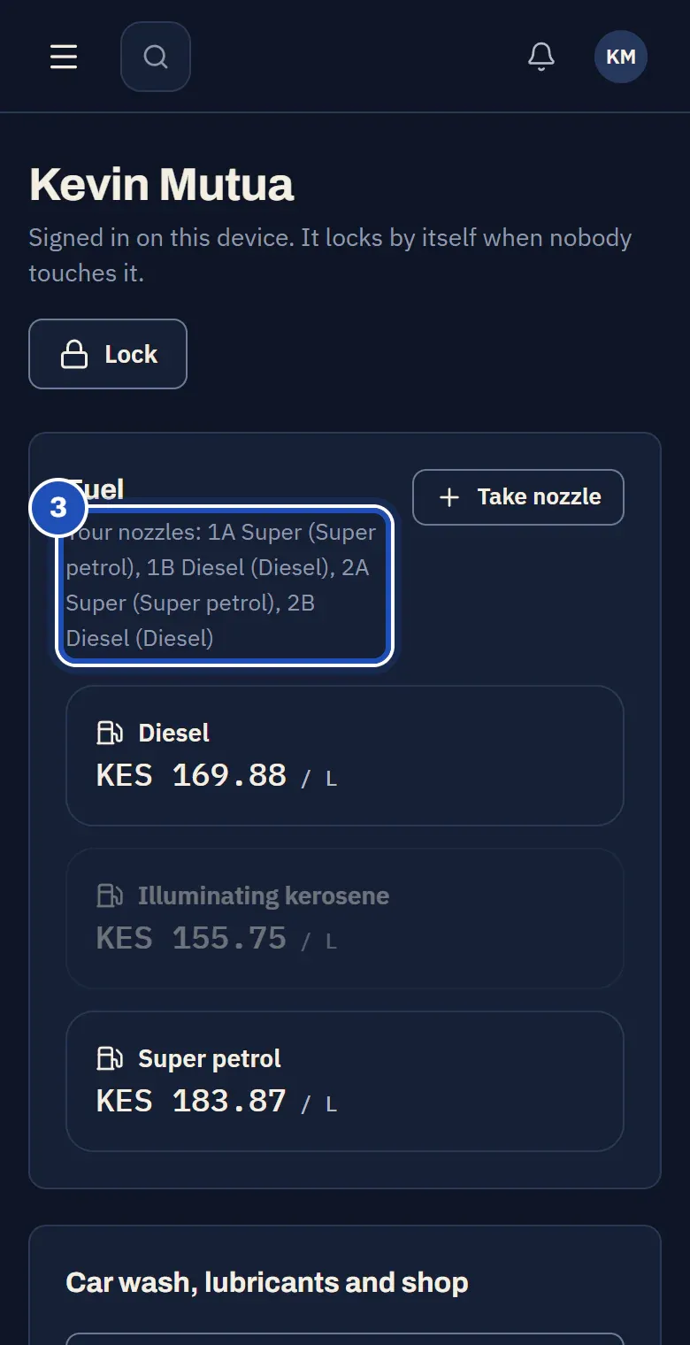 The forecourt device on Kevin Mutua's phone, opened without a PIN: Signed in on this device. It locks by itself when nobody touches it. His nozzles 1A Super, 1B Diesel, 2A Super and 2B Diesel (3), and the fuels at their pump prices.