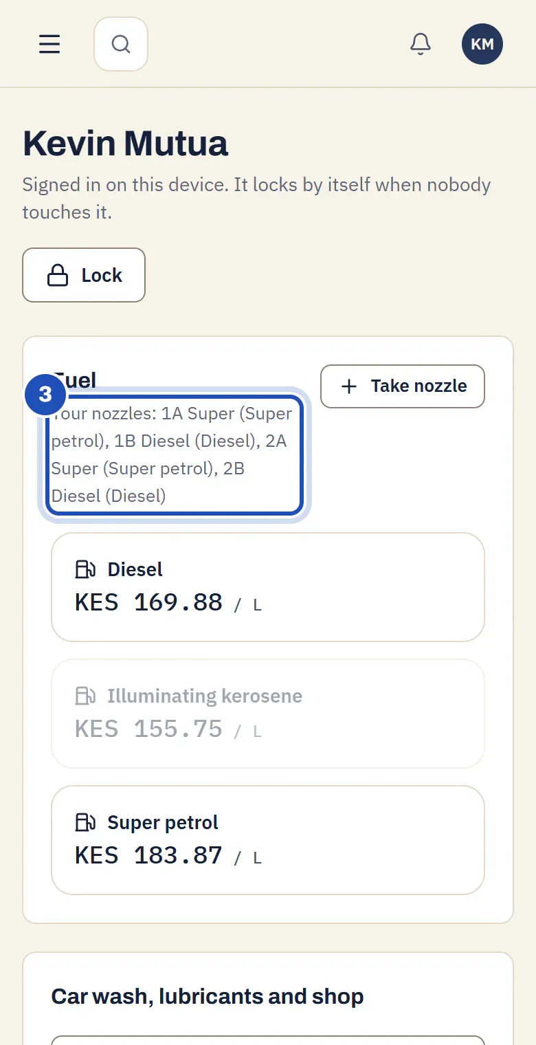The forecourt device on Kevin Mutua's phone, opened without a PIN: Signed in on this device. It locks by itself when nobody touches it. His nozzles 1A Super, 1B Diesel, 2A Super and 2B Diesel (3), and the fuels at their pump prices.