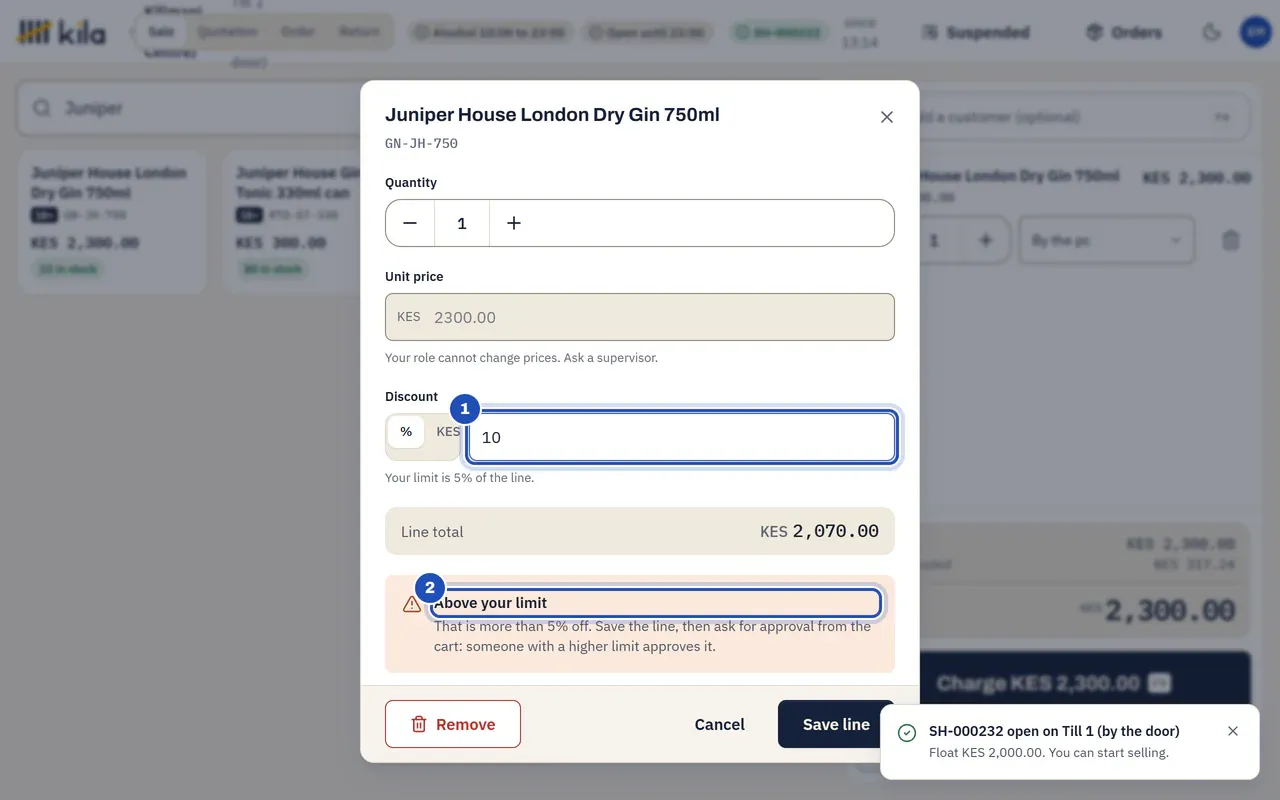 The line editor for a gin: a 10% discount entered (1) and Kila saying Above your limit (2). The unit price cannot be changed: Your role cannot change prices. Ask a supervisor.