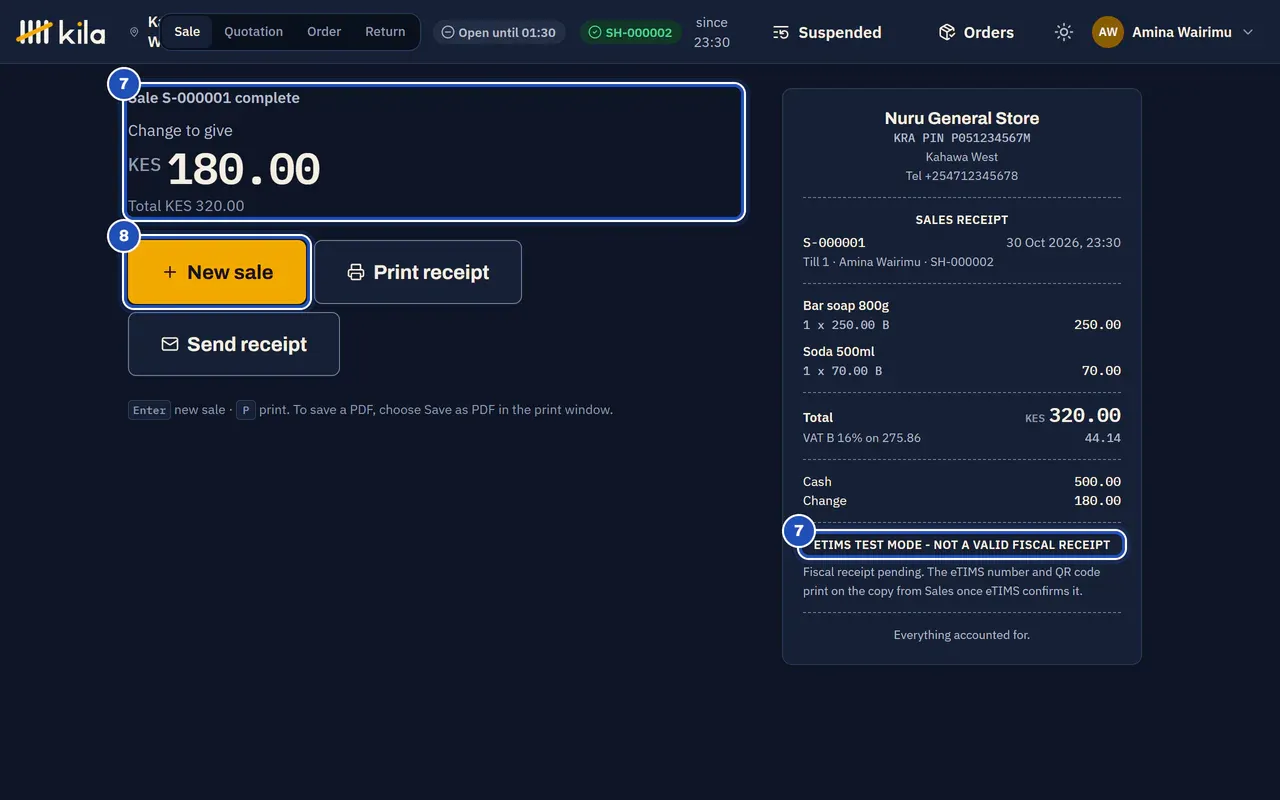 Sale S-000001 complete: change to give KES 180.00 on a total of KES 320.00 (7), and the receipt, which says eTIMS test mode, not a valid fiscal receipt (7). New sale (8).