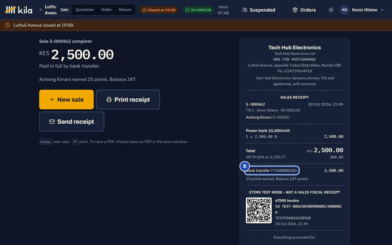 Sale complete for KES 2,500.00, paid in full by bank transfer. On the receipt, the payment line shows Bank transfer and its reference (5).