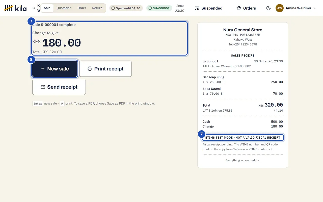 Sale S-000001 complete: change to give KES 180.00 on a total of KES 320.00 (7), and the receipt, which says eTIMS test mode, not a valid fiscal receipt (7). New sale (8).