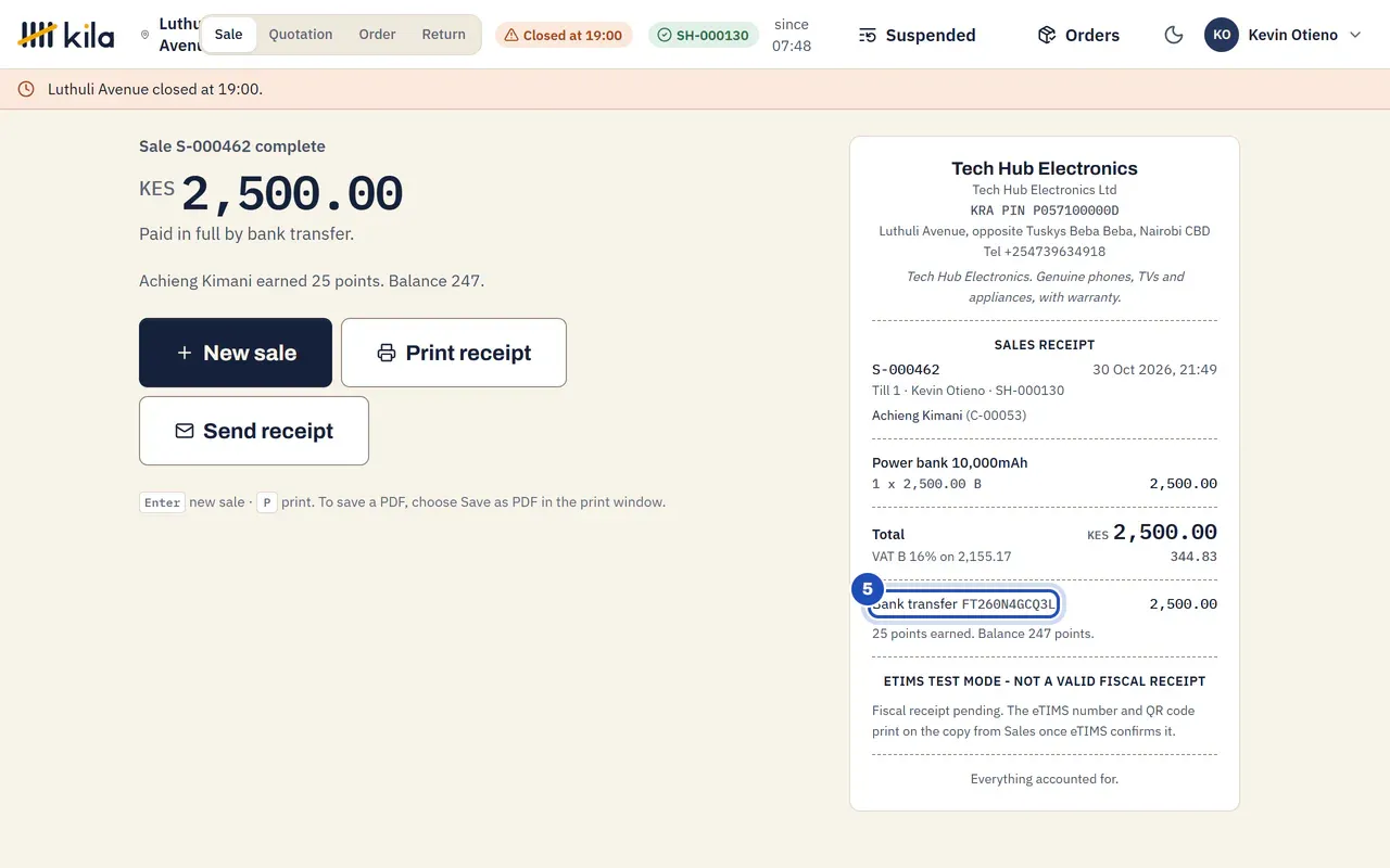 Sale complete for KES 2,500.00, paid in full by bank transfer. On the receipt, the payment line shows Bank transfer and its reference (5).