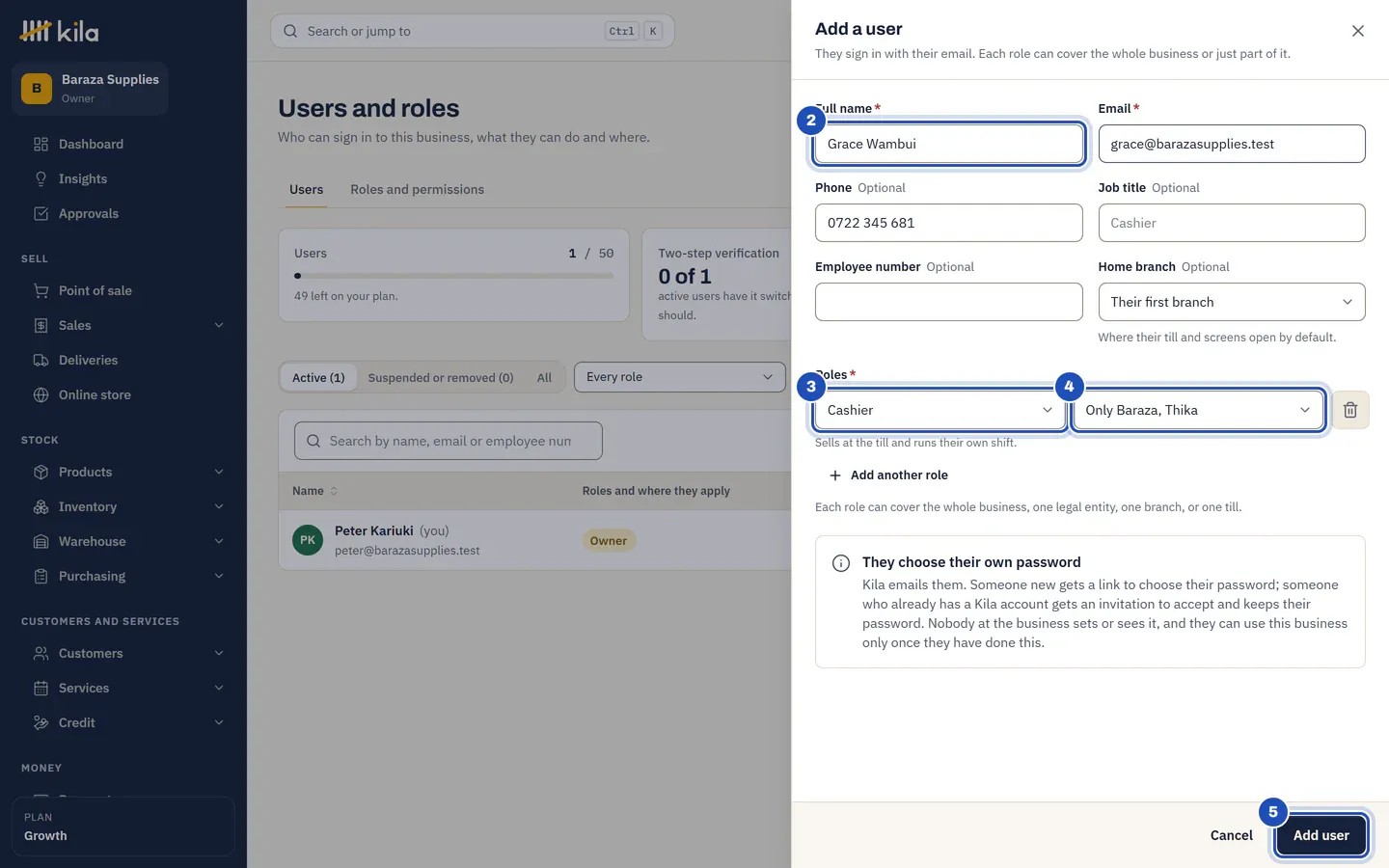Add a user: Grace Wambui and her email (2), the role Cashier (3), Only Baraza, Thika (4) and the Add user button (5).