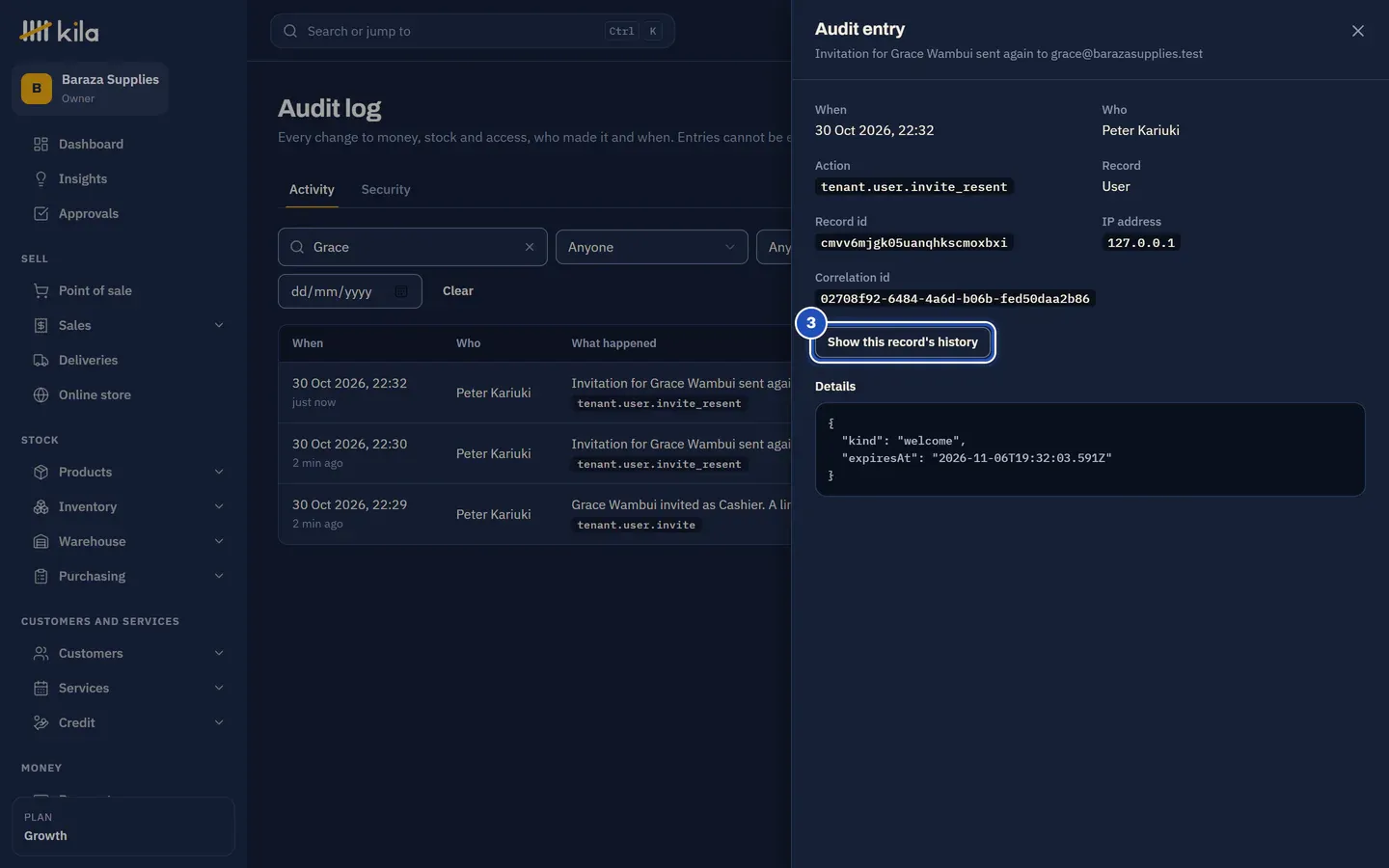 An audit entry: when, who, the action, the record, the IP address and the details. Show this record's history is marked 3.